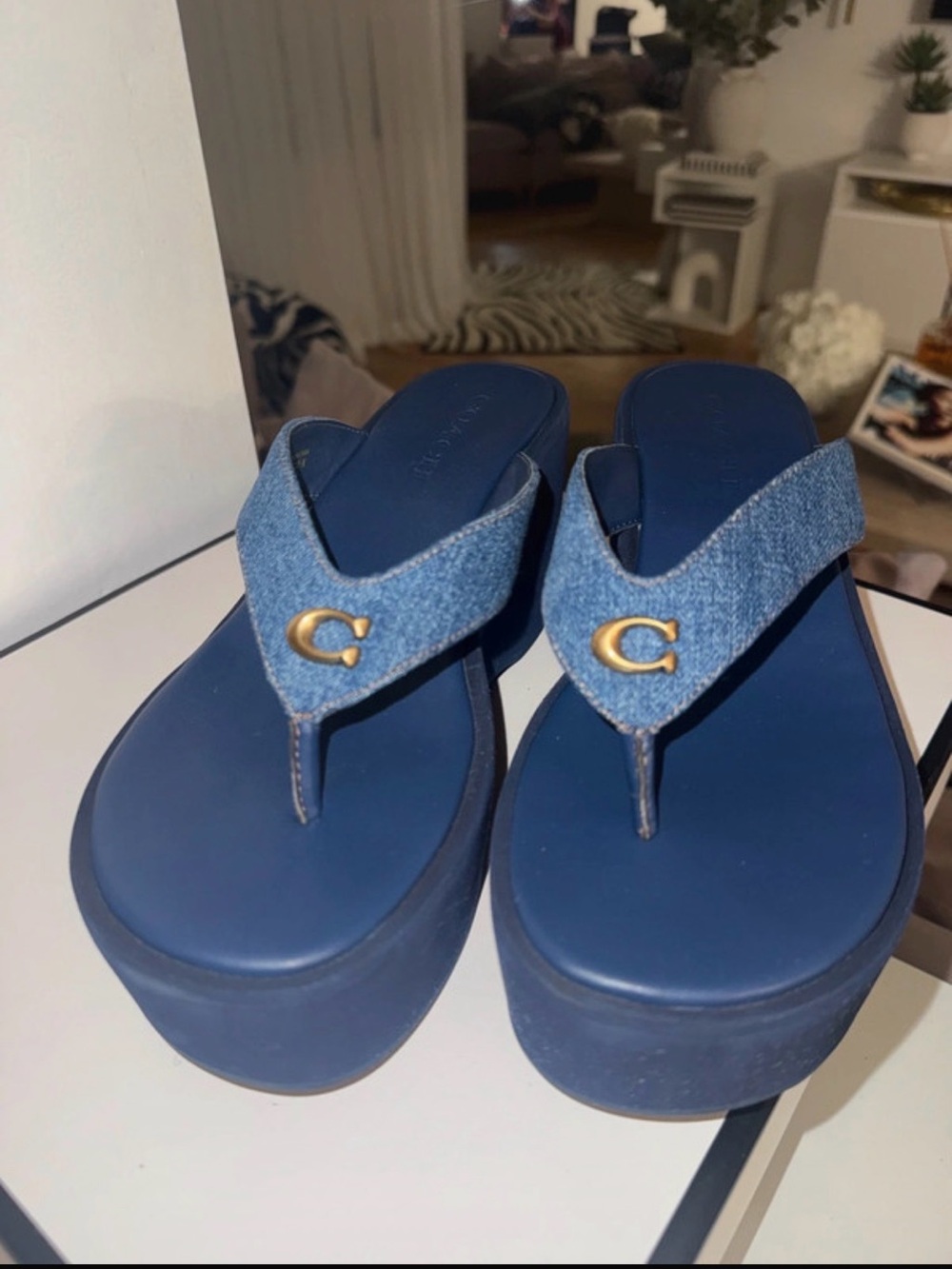 Coach Denim Platform Thong Sandals in Blue with Gold 'C'